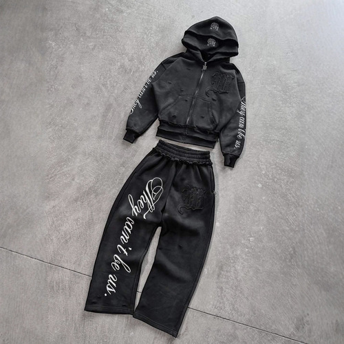 Autumn and winter new fashion suit Harajuku ins fashion broken hole zipper hooded hooded sweater casual retractable low-waist trousers