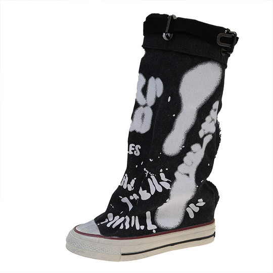 Casual Sneakers Graffiti High-top Canvas Shoes Women's Spring Boots Wide-tube Mid-tube Boots 2025 New Trousers Stacking Boots