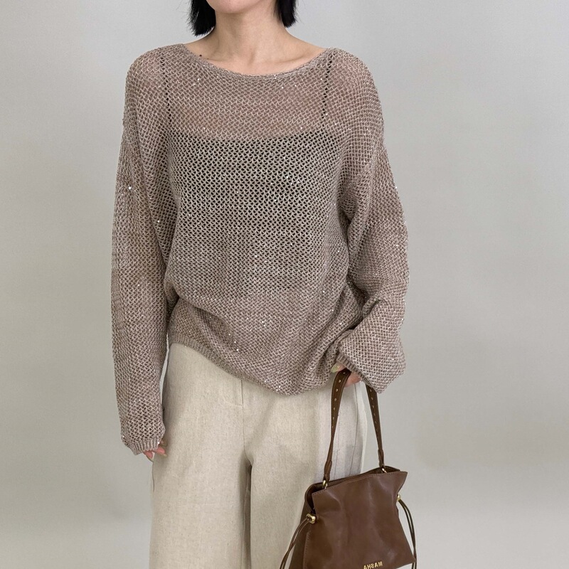 European Station 2025 Early Spring New European Sequin Mesh Hollow Knitwear Women's Spring and Autumn Lazy Style Blouse Top European Station 2025 Early Spring New European Sequin Mesh Hollow Knitwear Women's Spring and Autumn Lazy Style Blouse Top