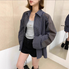 0C1904男女同款oversize宽松阔版拼接格子衬衫 春夏百搭格子外套