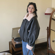 短款复古机车夹克翻领2024新款羊羔毛羊剪绒复合皮毛一体皮草外套