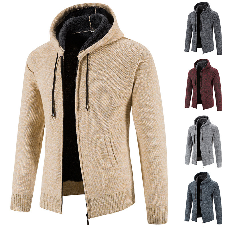 Cross-Border Wholesale Autumn and Winter Men's Velvet Hooded Knitwears European and American Trendy Casual Warm Outer Knitwear Jackets Cross-Border Wholesale Autumn and Winter Men's Velvet Hooded Knitwears European and American Trendy Casual Warm Outer Knitwear Jackets