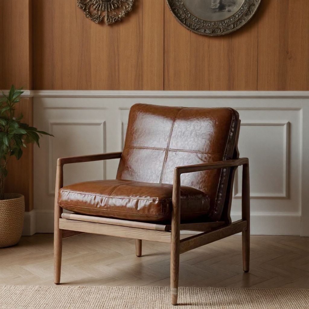 2025 New Accessible Luxury Retro Leather Solid Wood Single Sofa Chair Scandinavian Solid Wood Frame Study Living Room Leisure Chair