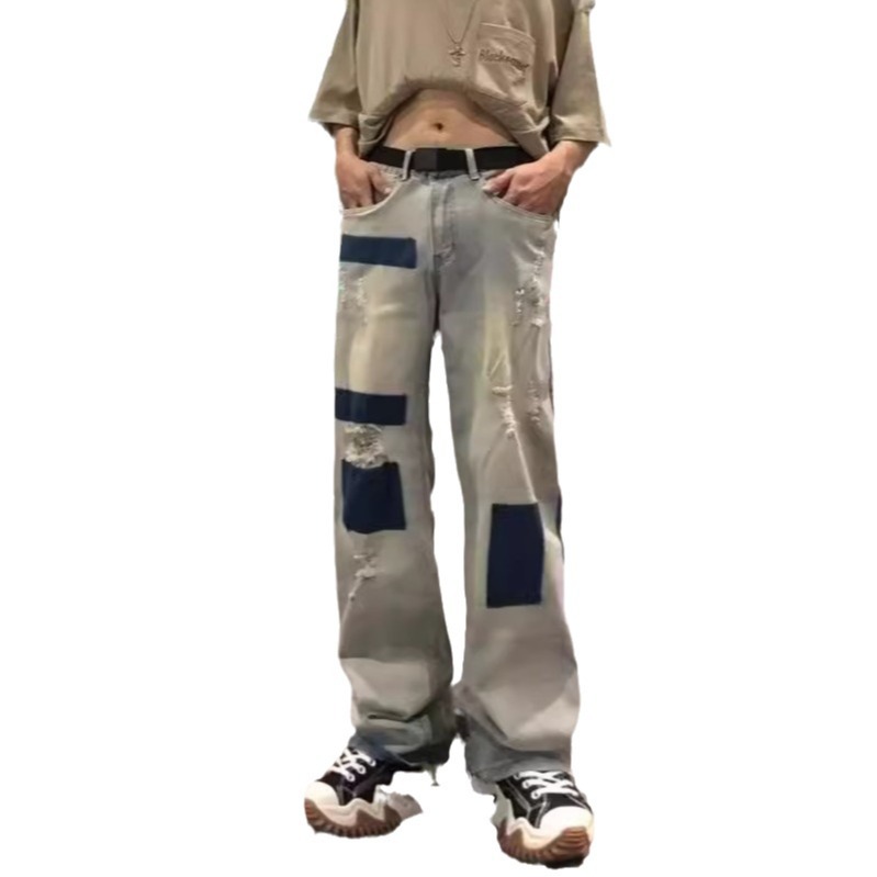 China-Chic Hip Hop High Street Used Wash Wide Leg Straight Tube Loose Herren Jeans Trendy oder Hose Hübscher Patch_voghion.com