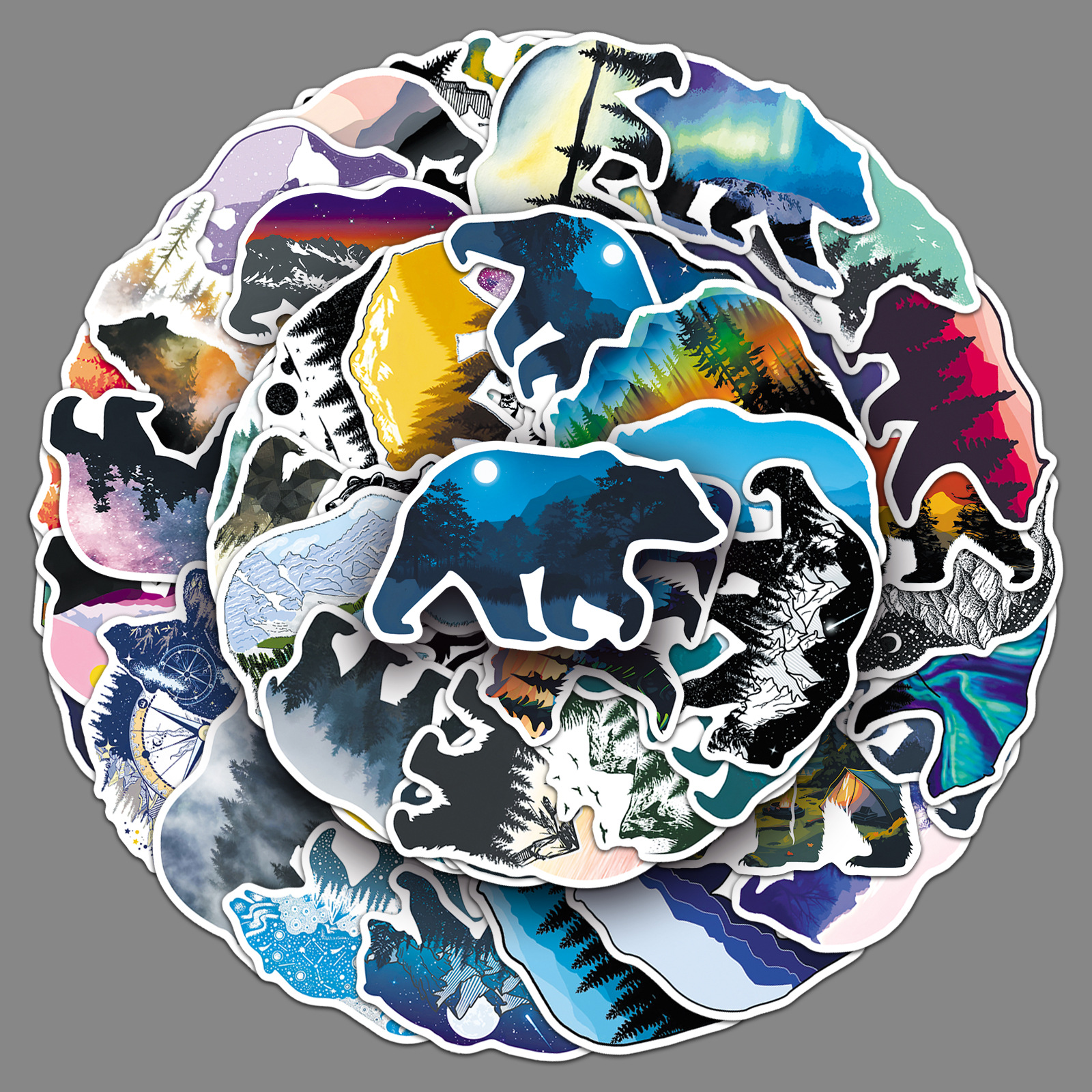 50张山野灰熊剪影涂鸦贴纸个性跨境户外装饰手机壳水杯行李箱贴纸