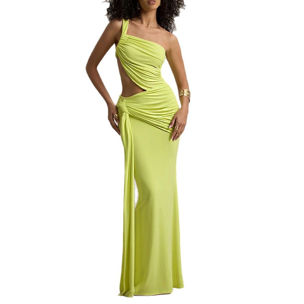 2025 europeo y americano verano transfronterizo sexy vestido de tubo halter de un solo hombro falda larga plisada con cordones de color sólido de moda image 6