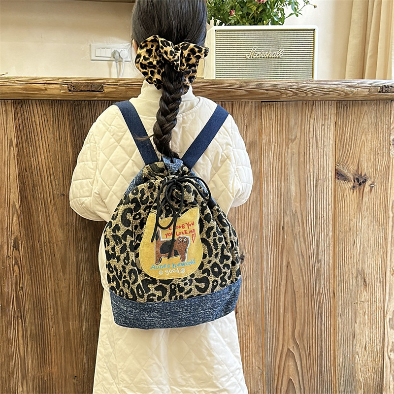 Retro leopardo mochila para niños y niñas caricatura lindo gatito sonriente mochila vaquero nuevo paquete de gran capacidad para niños