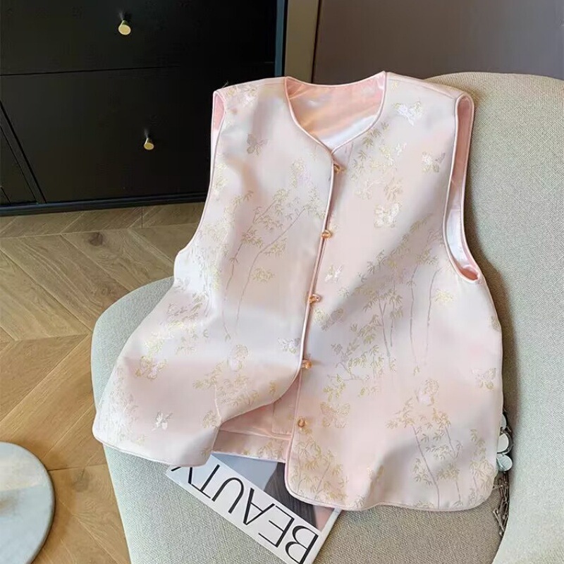 cldm3986 Pink New Chinese Butterfly Jacquard Vest Women's High-end Elegant Stacked National Style Vest Top