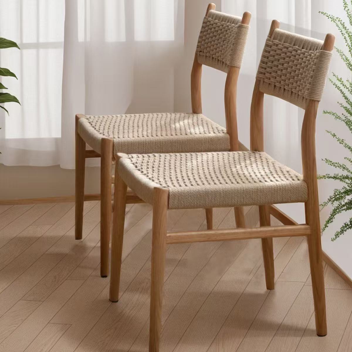 Solid Wood Woven Rope Dining Chair, Simple Dining Chair, High-End Home Chair, Chair with Backrest, Antique Style Living Room, Japanese and Chinese Rattan Wabi-Sabi