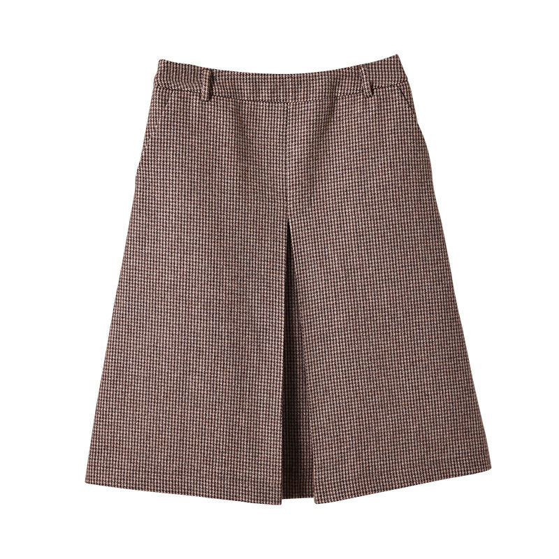 Chân váy bút chì họa tiết răng sói dáng ôm xẻ tà trước chất liệu len dạ — Houndstooth màu nâu