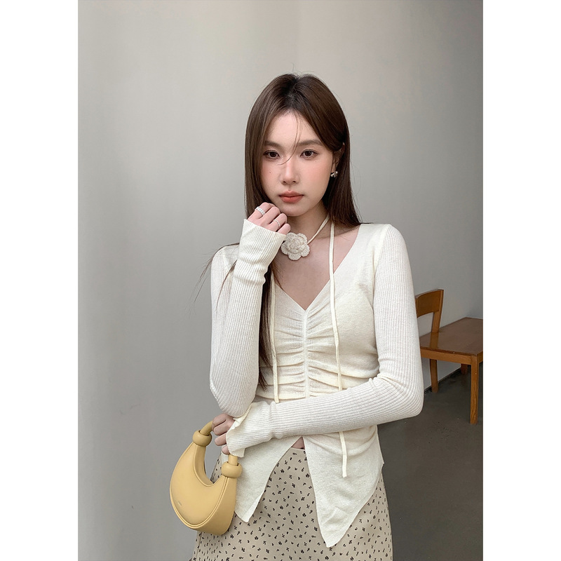 Jiuer Chic Rose French-Style High-End Pleated Slim-Fit V-Neck Knit Sweater for Women with Long Sleeves and Elegant Style 0342 Jiuer Chic Rose French-Style High-End Pleated Slim-Fit V-Neck Knit Sweater for Women with Long Sleeves and Elegant Style 0342