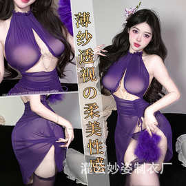 三生吟情趣内衣性感魅惑汉服纯欲薄透视纱裙开叉古风舞裙套装2171