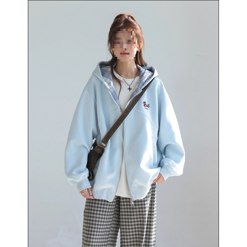 Korean-Style Plaid Patchwork Dachshund Embroidery Jacket for Women, Spring and Autumn, Loose Casual Sweatshirt Cardigan, Light Blue, Southeast Asia Korean-Style Plaid Patchwork Dachshund Embroidery Jacket for Women, Spring and Autumn, Loose Casual Sweatshirt Cardigan, Light Blue, Southeast Asia