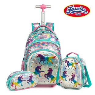 2023 cross-border new cute cartoon Primary School students 17 inch 6D unicorn pull rod three-piece set to reduce the burden of breathable schoolbag