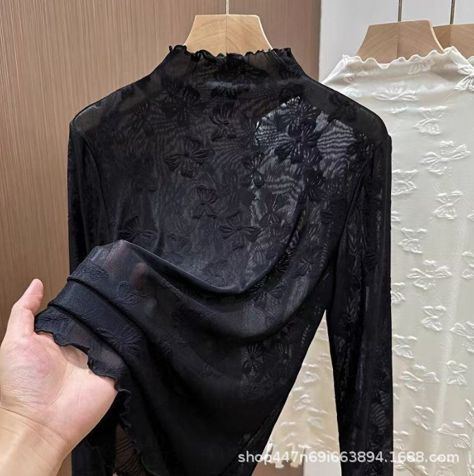 Ruffled Half-High Collar Tulle Base Shirt for Women, Mesh Long Sleeve Inner Layer, 2025 Summer and Autumn New Jacquard Lace Top Ruffled Half-High Collar Tulle Base Shirt for Women, Mesh Long Sleeve Inner Layer, 2025 Summer and Autumn New Jacquard Lace Top
