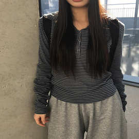 【原版质量】甜美辣妹条纹连帽长袖t恤女春秋新款修身显瘦上衣