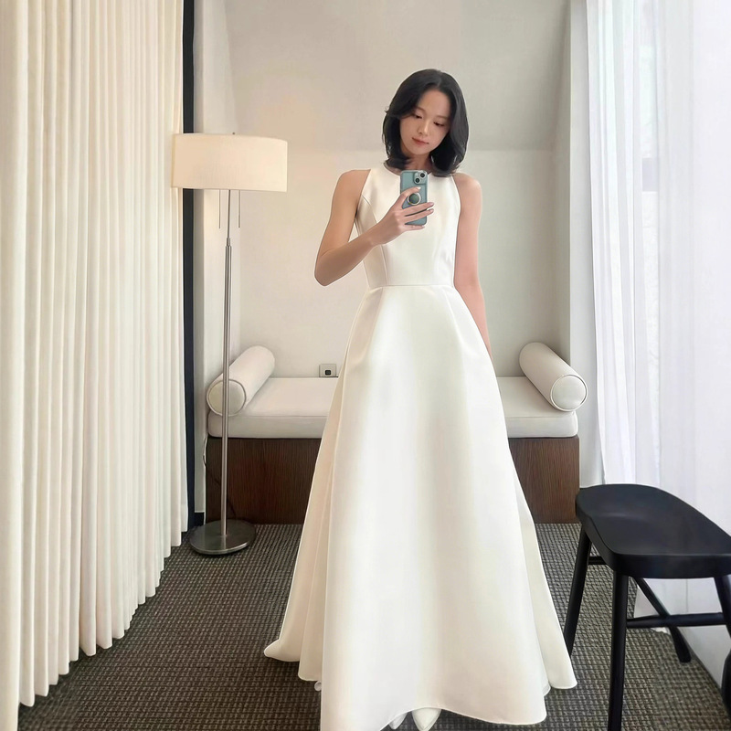 French-Style Satin Light Wedding Dress for Brides, Niche Forest-Style High-End Feel, White Backless Gown with a Train for Welcoming Guests and Going Out French-Style Satin Light Wedding Dress for Brides, Niche Forest-Style High-End Feel, White Backless Gown with a Train for Welcoming Guests and Going Out