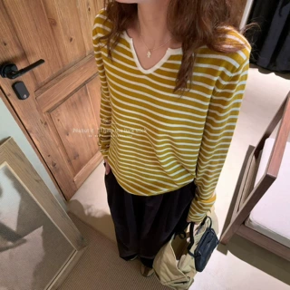 peanut花生家秋季韩系撞色条纹百搭宽松显瘦V领长袖针织衫女11662