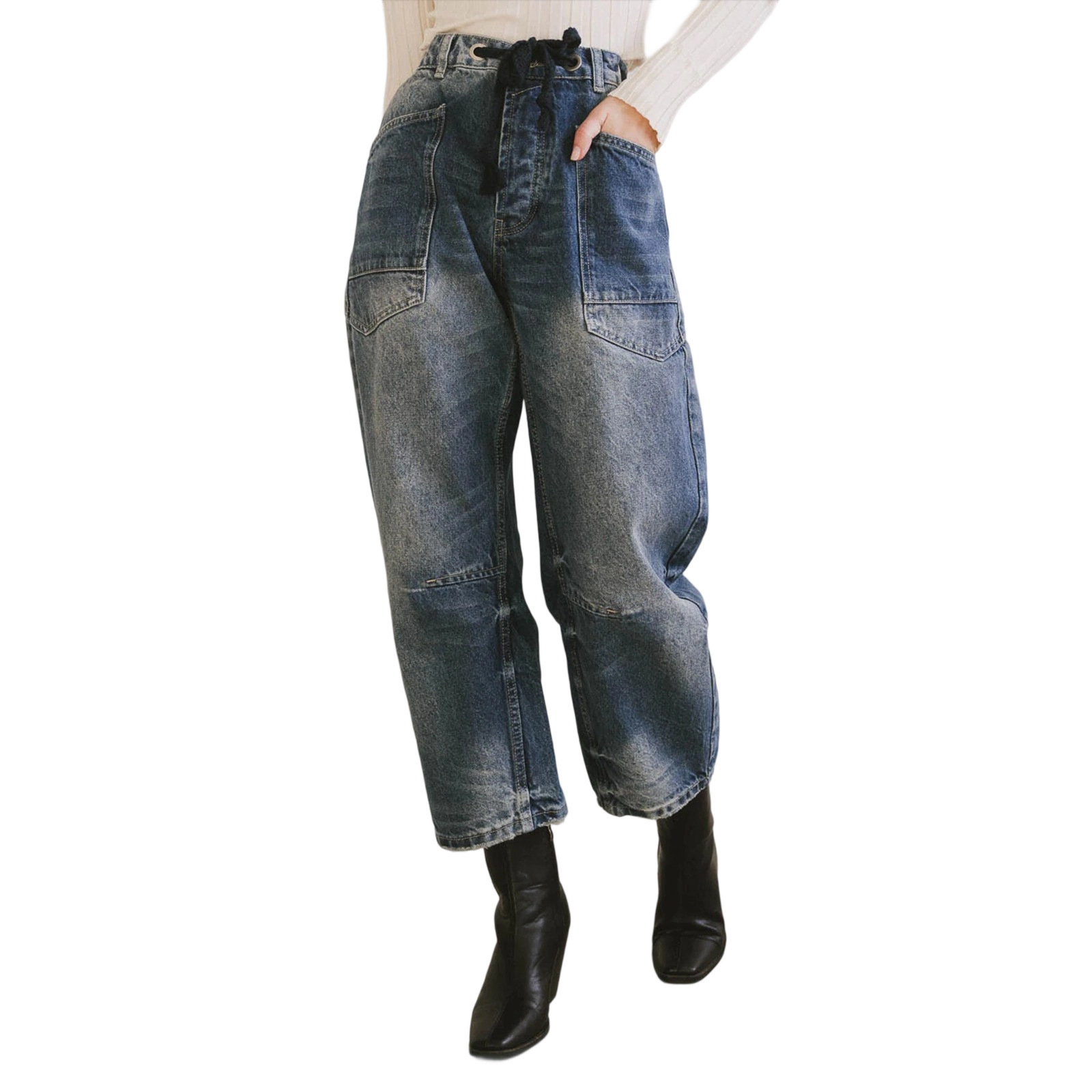 Jeans Rectos con Cordón para Mujer, Mezclilla de Algodón y Poliéster, Cintura Media, Corte Holgado, para Uso Casual