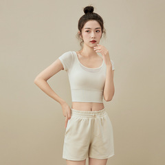 帶胸墊瑜伽服女夏季普拉提訓練健身上衣高端運動跑步短袖t恤