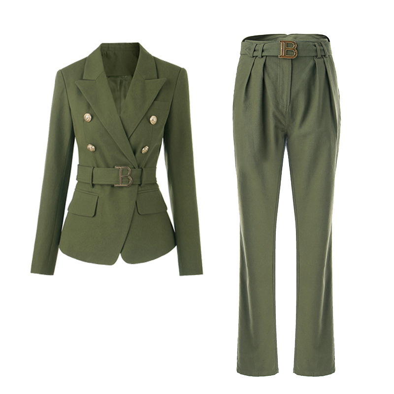 Army Green Denim Metal Buckle Slim-fit Suit Jacket Pants Two-piece Commuter Pants Set Fashion Temperament Cross-border Hot