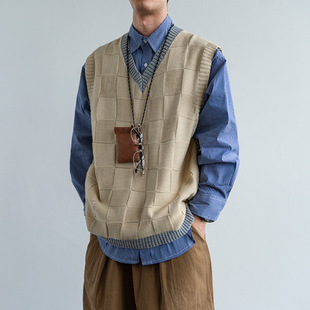 Japanese Style College Style Sweater Vest Men's Spring and Autumn Loose Round Neck Sweater Vest Sleeveless All-match Knitted Waistcoat