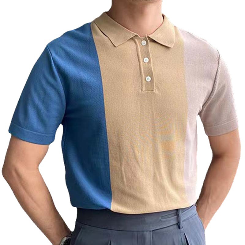 2024 New Men's Summer Contrast Spliced Men's Knitwear Short Sleeved Business Polo Shirt_voghion.com