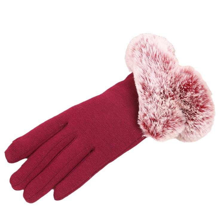 Otoño e invierno guantes de mujer forrados de lana cálida pantalla táctil equitación al aire libre terciopelo no invertido imitación Rex conejo piel boca guantes invierno