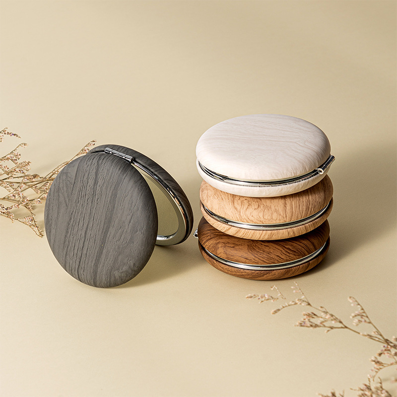 Directly Supplied from the Source Manufacturer! Imitation Wood Grain Pu Process Portable Makeup Mirror, Double-Sided High-Definition Mirror with High Quality