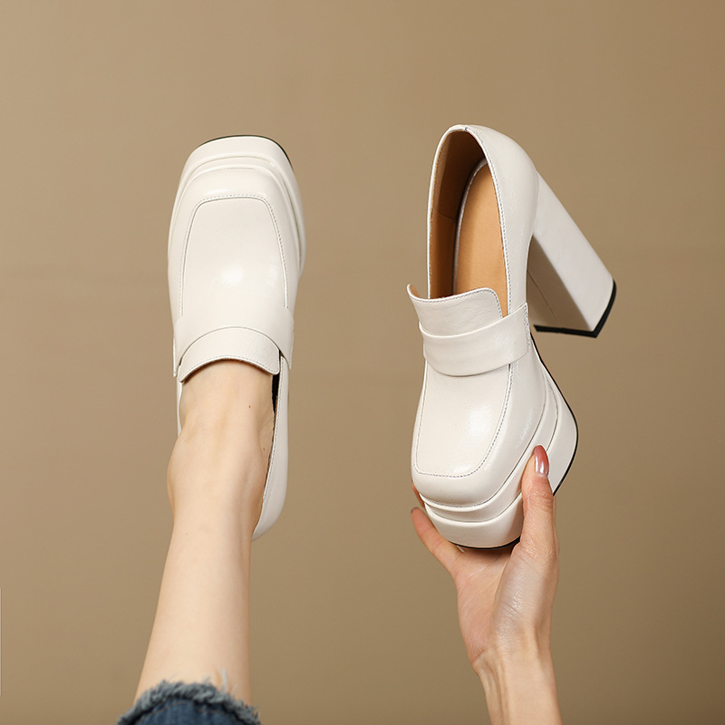 Giày cao gót nữ đế xuồng platform da bò đầu, gót dày 9 cm, mũi tròn bít — màu đen