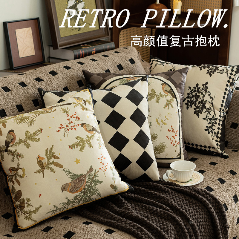 2026 New Chinoiserie Modern Beige Black Pillow French Retro Backrest Living Room Pillow Cover Sofa Cushion