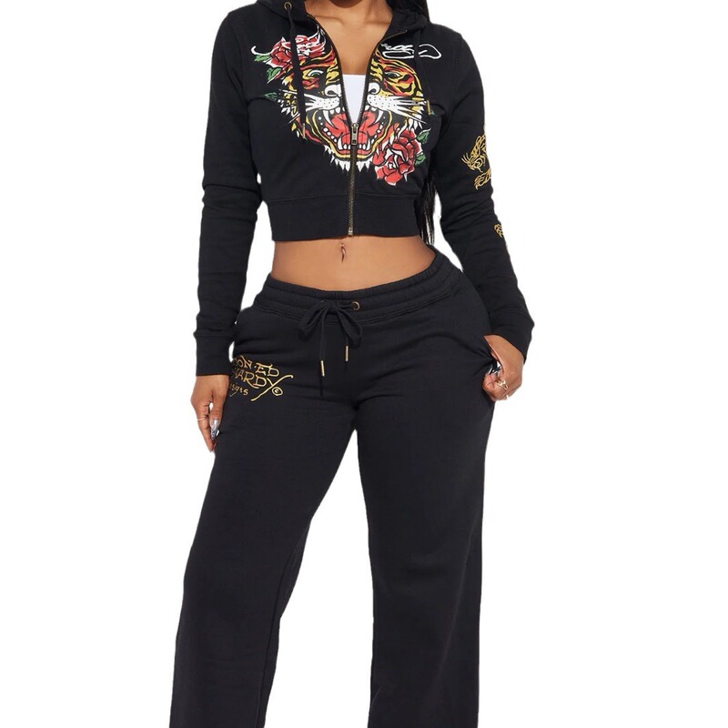 European and American Fashion Street Casual Comfortable Painted Zipper Hooded Positioning Printed Two-piece Women's Clothing