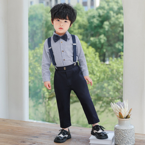 Cross-border belt suit set summer boys' suit striped short-sleeved shirt performance children's dress for young children foreign trade