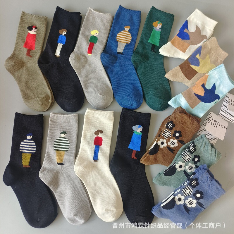 In-Stock Japanese Frenchbull Cartoon Character Style Cute Ab Version Floral Women's Mid-Calf Socks Wholesale