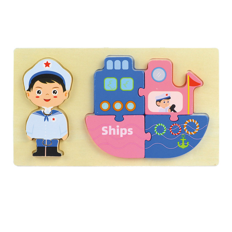 Puzzles tridimensionales de madera para niños seis bebés de tráfico vocacional iluminación cognitiva puzzle juguetes de madera al por mayor
