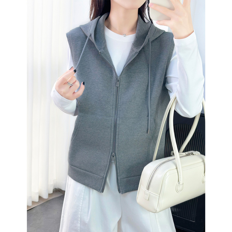 Gray Hooded Vest for Women, 2026 New Style, Petite, Wrinkle-Resistant Air Cotton, Double Zipper, Sleeveless Sweatshirt Jacket for Autumn