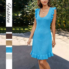 2026春夏跨境亚马逊针织连衣裙新款纯色中长款木耳边欧美女装热卖