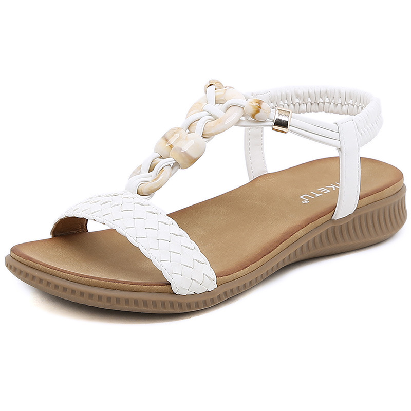 En stock Z2927-1 nuevo 2024 sandalias europeas y americanas de las mujeres retro hebilla tejida moda casual con cuentas sandalias de playa