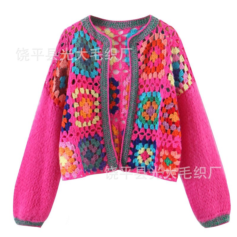 New Style Fully Hand-Knitted Crochet Stitching Contrasting Color Grandmother Style Ethnic Style Cut Out Knitted Knitwear Cardigan Jacket for Women