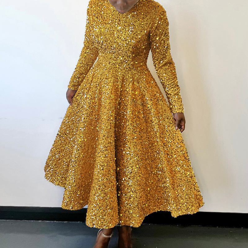 D469 cross-border new women's round neck long sleeve solid color sequined high waist elegant mid-length dress European and American dress