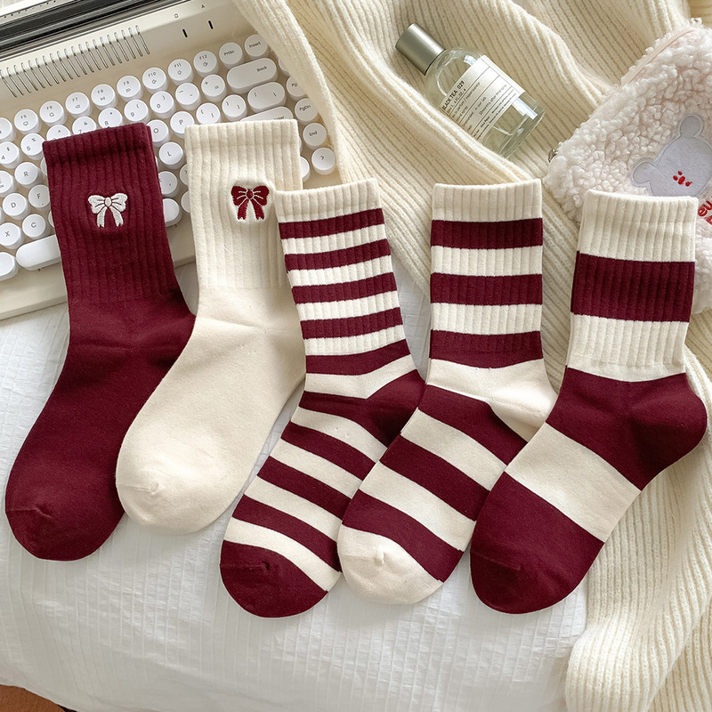 Ankora Red Socks Women's Spring and Autumn Mid-length Socks Pure Cotton Ins Fashionable Striped wine red Korean Style Sports Stockings