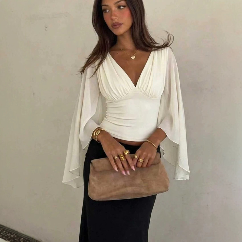 European and American cross-border women's clothing, new spring-summer collection, solid color pleated slit bell-sleeve, sexy, elegant, and fashionable V-neck shirt