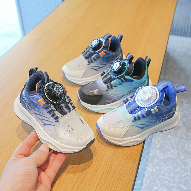 Детская спортивная обувь весна-осень 2025, повседневная обувь для мальчиков с вращающейся кнопкой, кроссовки для девочек, мягкая подошва, детские сетчатые туфли
