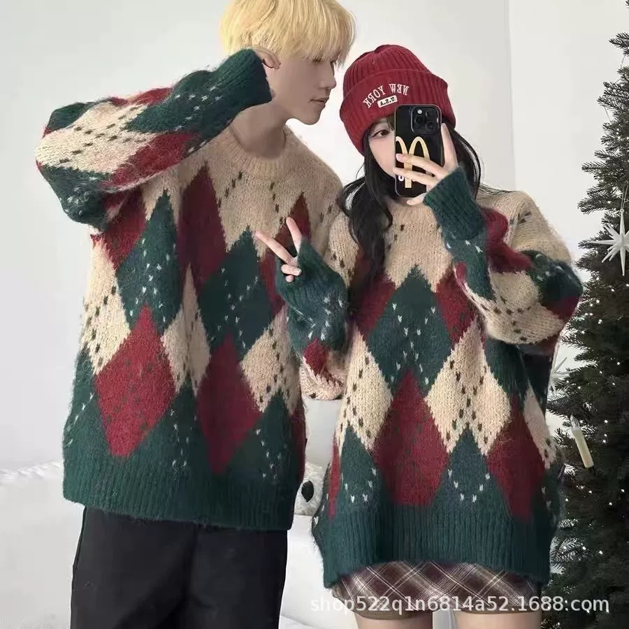 Рождественский ретро свободный ленивый ветер свитер для мужчин и женщин осень и зима новая пара с круглым вырезом пуловер свитер оптом