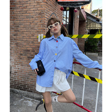 UNITY MODE蓝色条纹衬衫韩版休闲时尚设计感上衣十三行早春季女装