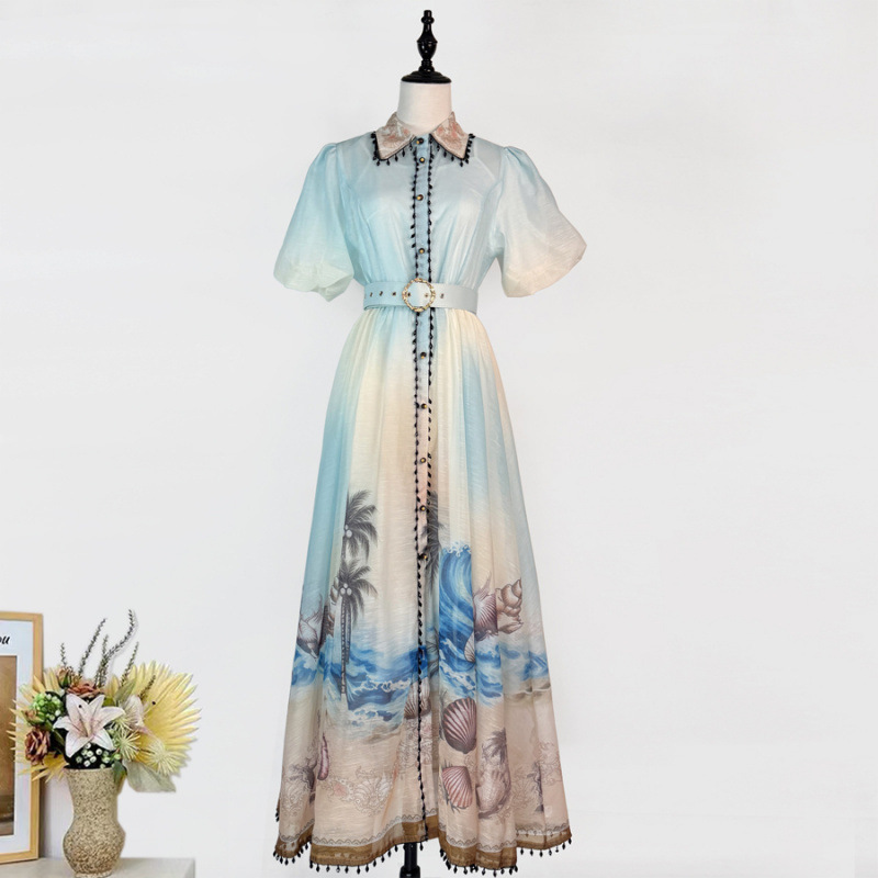Cross-Border Vintage Court-Style Aesthetic Oil Painting Beach Print Short-Sleeve Dress, Long Dress with Intricate Crystal Bead Appliqué