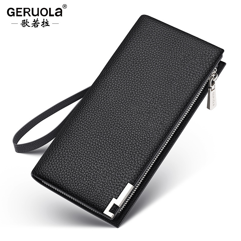Guangzhou Ge Ruola cuero cartera de hombre, cremallera larga de cuero de vaca, cartera de gran capacidad, mano de negocios