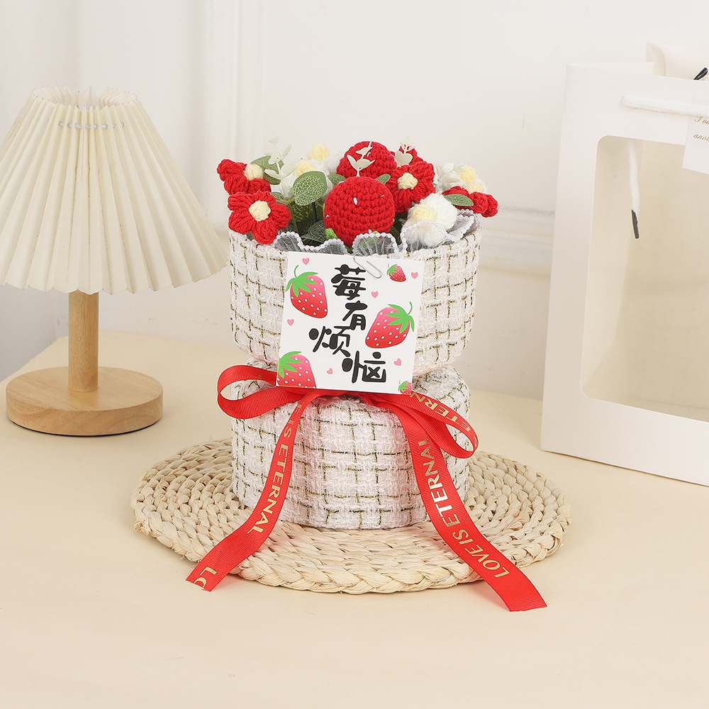 Día de la Madre Clavel de incienso pequeño tejido de flores de punto ramo de lana para esposa, novia, madre, regalo de cumpleaños