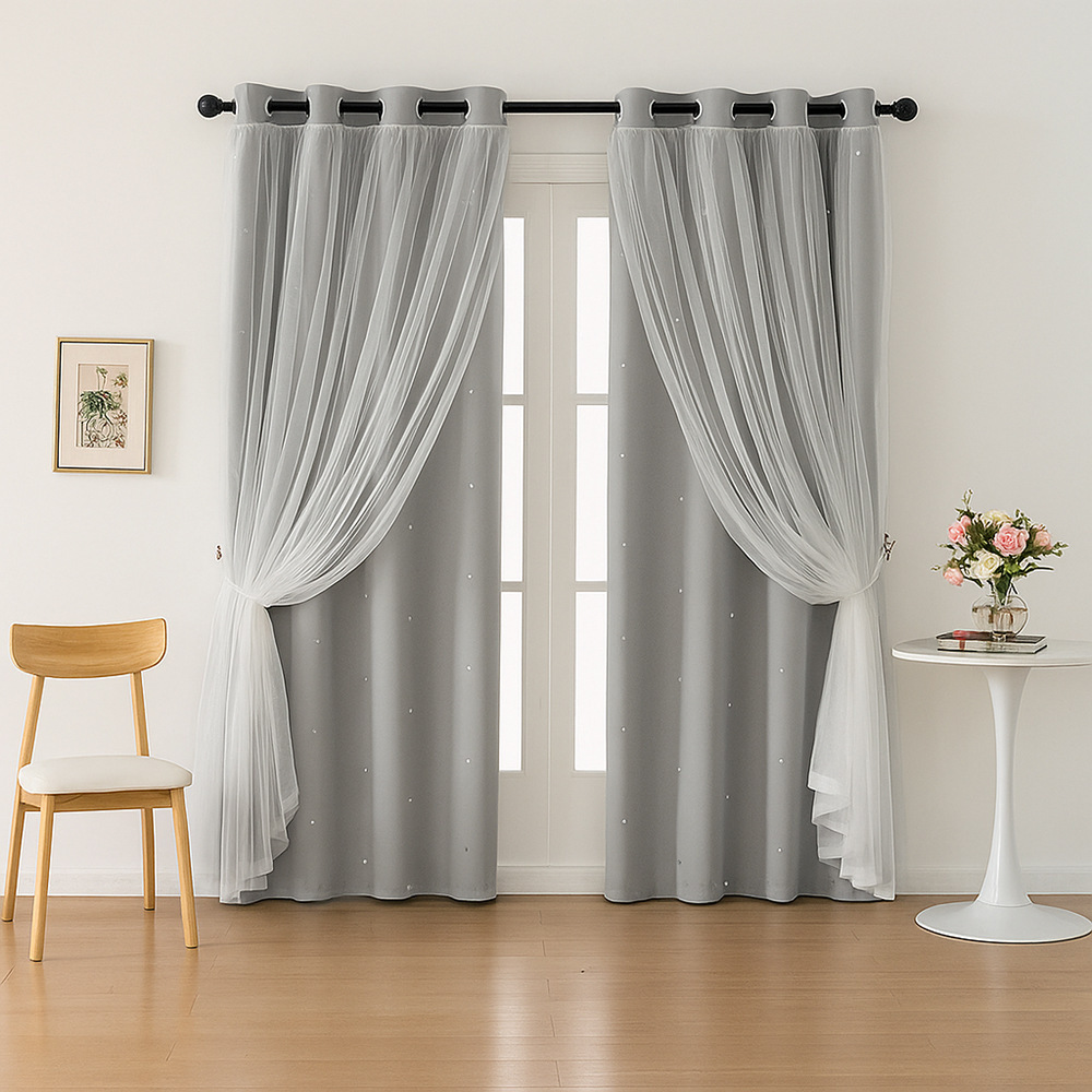 Double-layer Curtains With Hollow-out Stars, Blackout, Sun-blocking, And UV-resistant._voghion.com