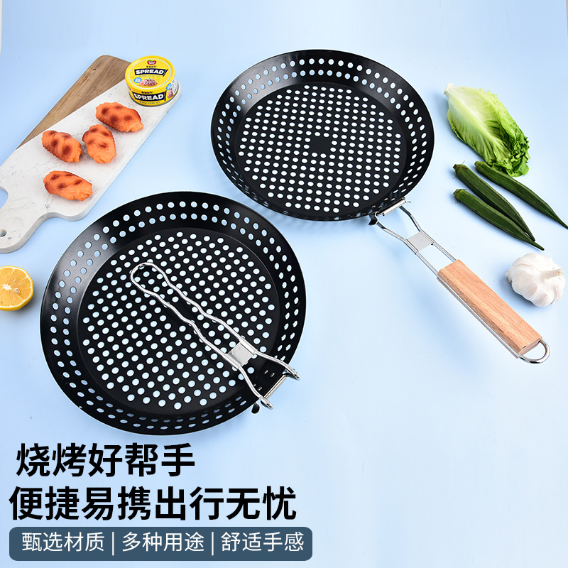 Mango plegable bandeja de barbacoa antiadherente circular hueco bandeja de barbacoa bandeja de verduras cesta de barbacoa al aire libre herramientas de barbacoa